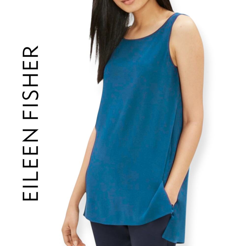 Eileen Fisher Woman | 1X | 100% Silk Slim Fit Scoop Neck Side Split Tank in Teal